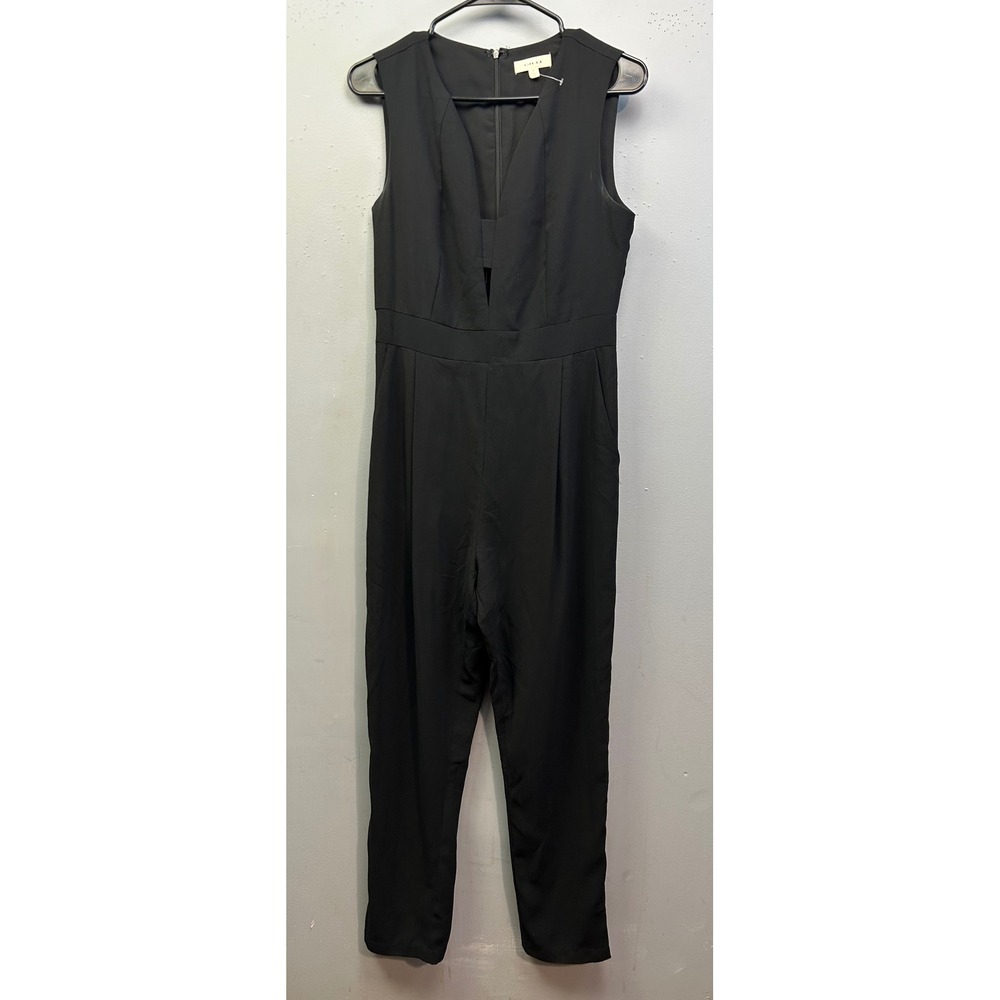 Gilli Jumpsuit Women Small Black Deep V-Neck Sleeveless Tapered Leg